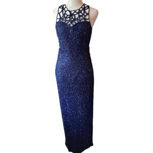 Vtg 90s Scala Silk Beaded Formal Dress Long Gown Dark Royal Blue Prom Caged Yoke